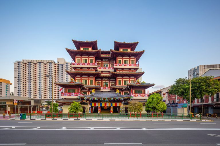 Chinatown Singapore street with lanterns and traditional shops