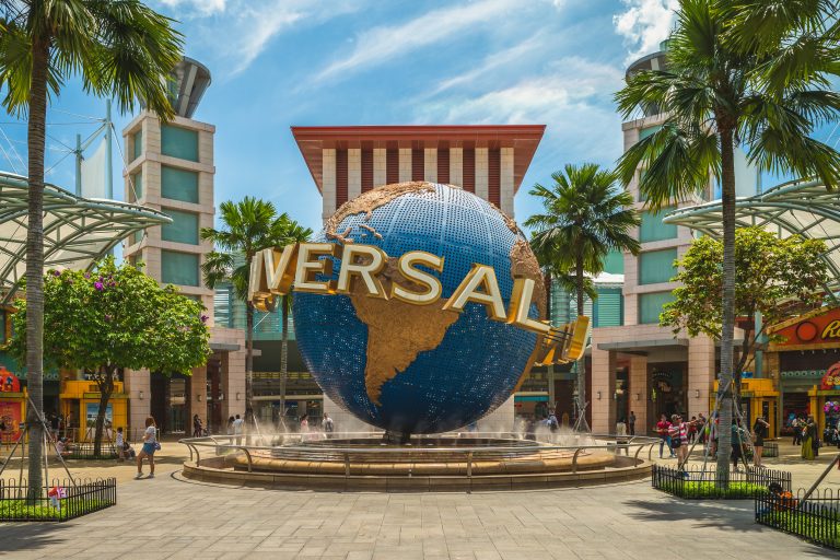 Sentosa Island Singapore beach and Universal Studios entrance view